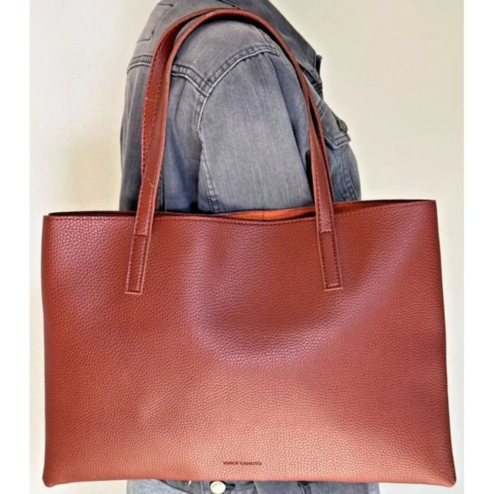 Vince Camuto Tote Brown Pebbled Vegan Leather Black Stripe CarryAll Shoulder Bag - Picture 2 of 8
